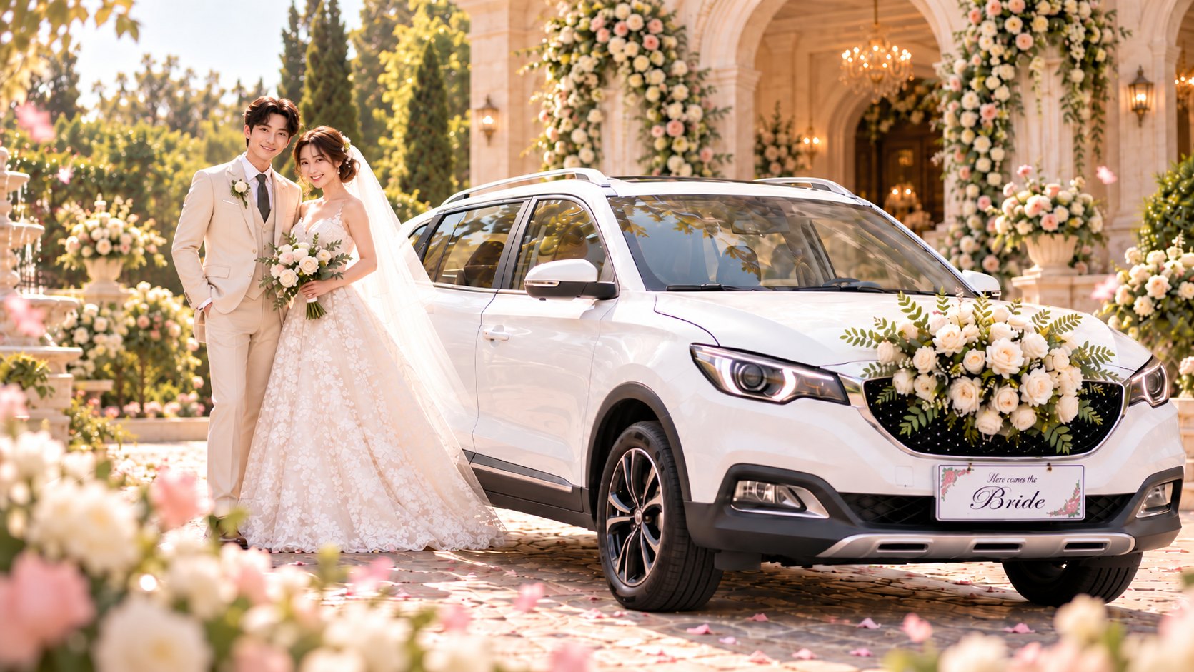 Wedding photoshoot beside bridal car