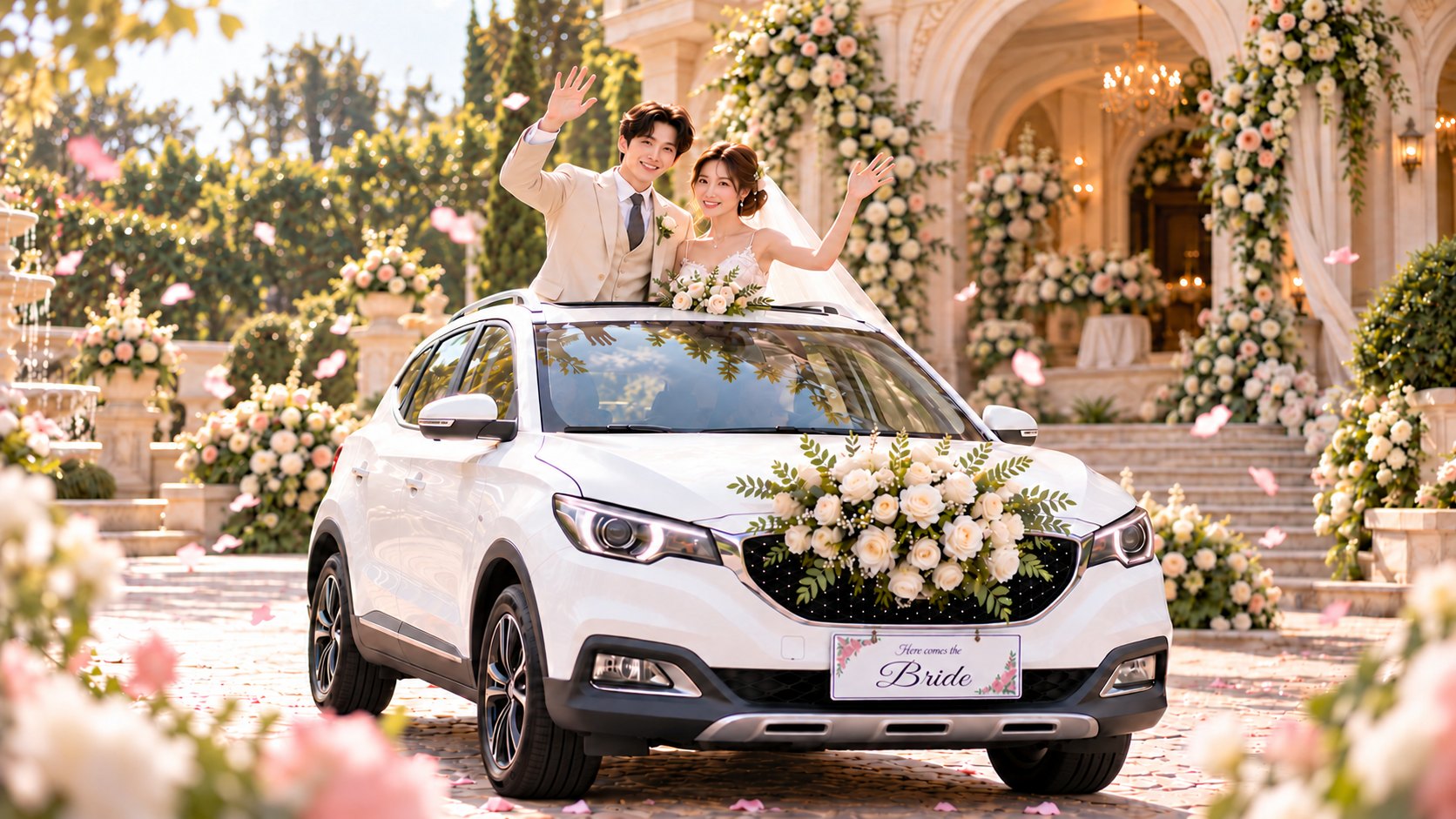 Happy newlyweds waving through sunroof